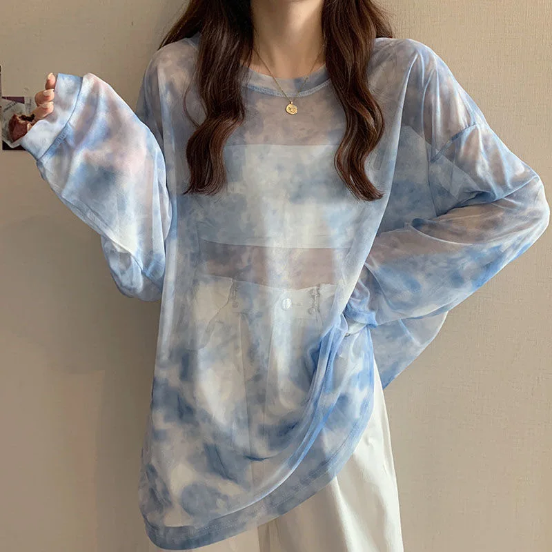 Tie-dyed mesh sun protection top for women, summer new loose ice silk thin see-through long-sleeved T-shirt blouse