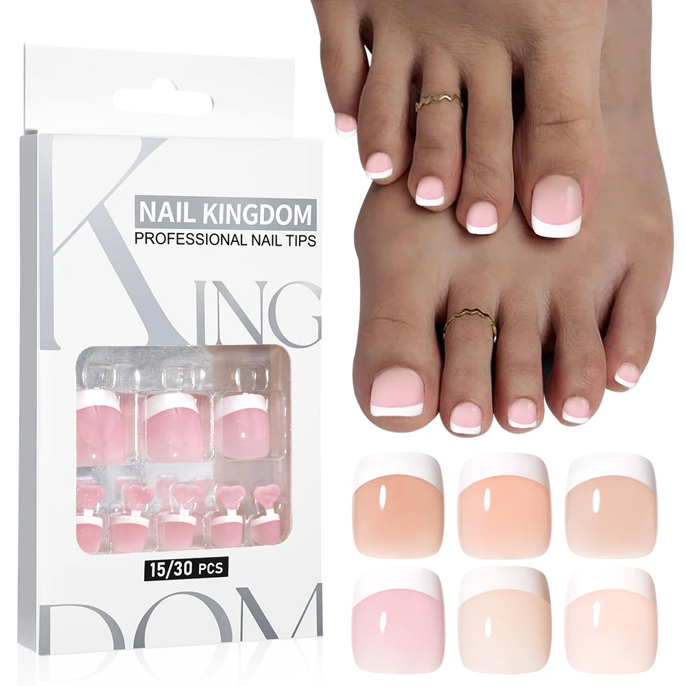Private Label 30PCS Wholesale French White Tip Toenails Nude Pink Square Handmade French Gel Press on Toe Nails Tips for Feet