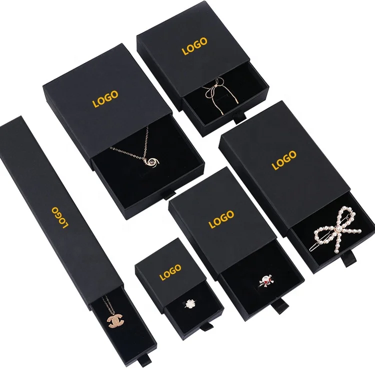 Custom logo black cardboard drawer ring box fashion accessories jewelry packaging ring box