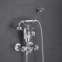 Luxury Golden Bathroom Swan Bathtub Faucet Wall Mounted Cold Hot Water Bath Shower Mixer Tap Brass Handshower Crystal handwheel