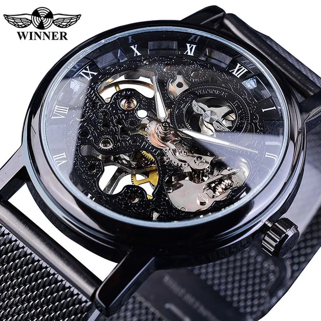 OEM/ODM Winner Watch Men Stainless Steel Mesh Transparent Classic Thin Case Hollow Skeleton Male Mechanical Top Brand Luxury
