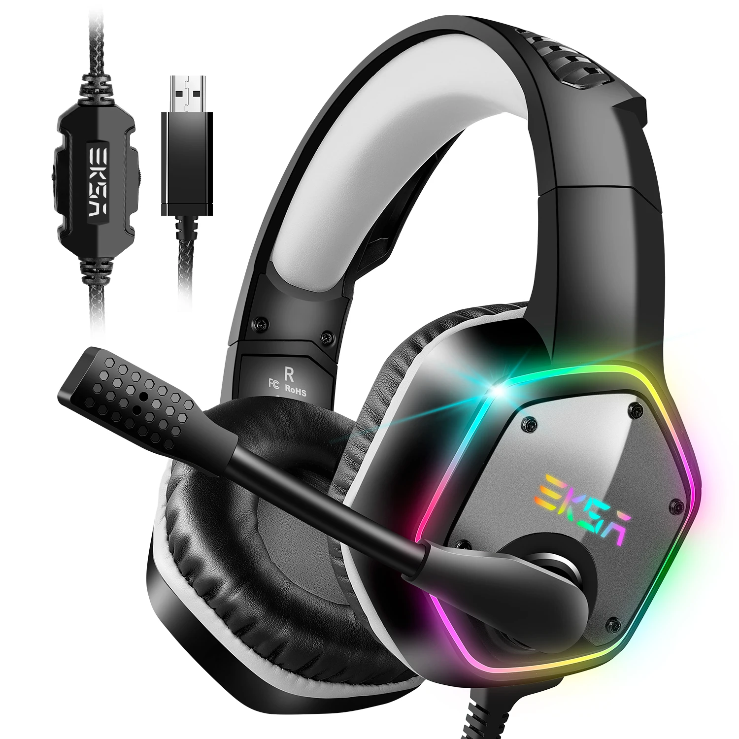 EKSA E1000 wired USB gaming headset with RBG LED light and 7.1 surround sound for XBOX and others