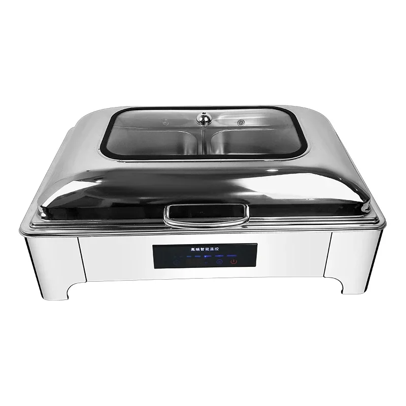 High Quality Buffet Stove Square Top Visual Silver Chafing Dish Buffet Set with Glass Lid Stainless Steel Food Warmer For Hotel
