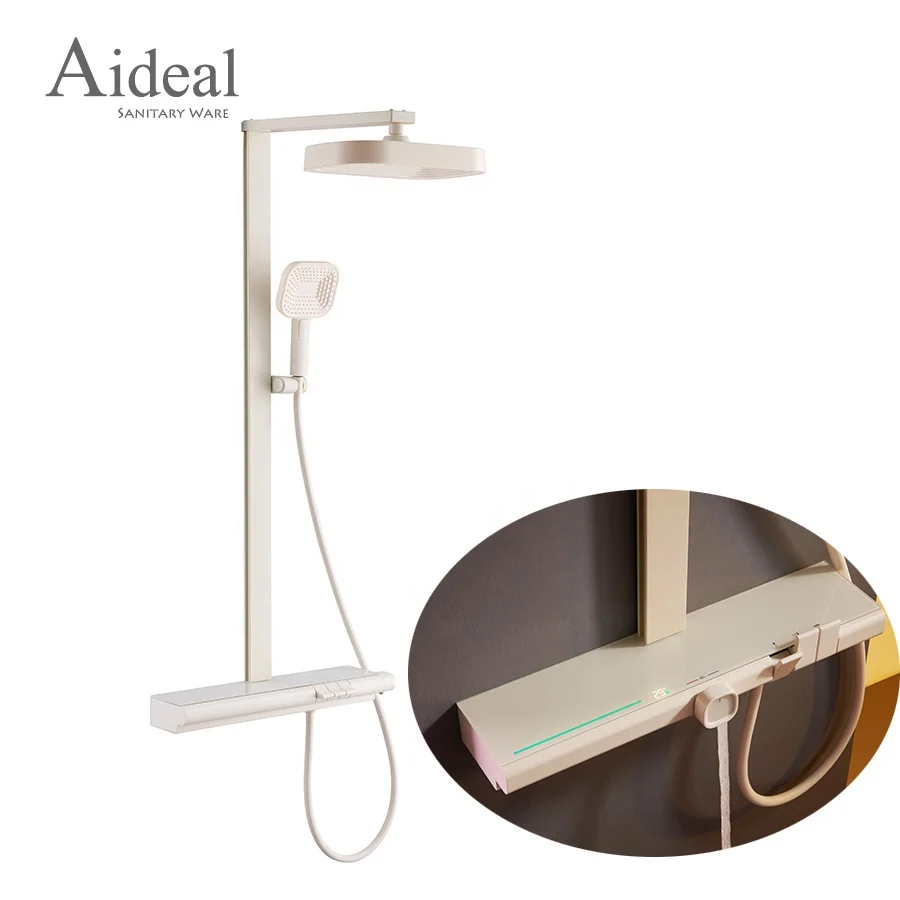 Modern Shower Set with LED Light and Large Storage Shelf Thermostatic Milky White Shower Faucet with Led