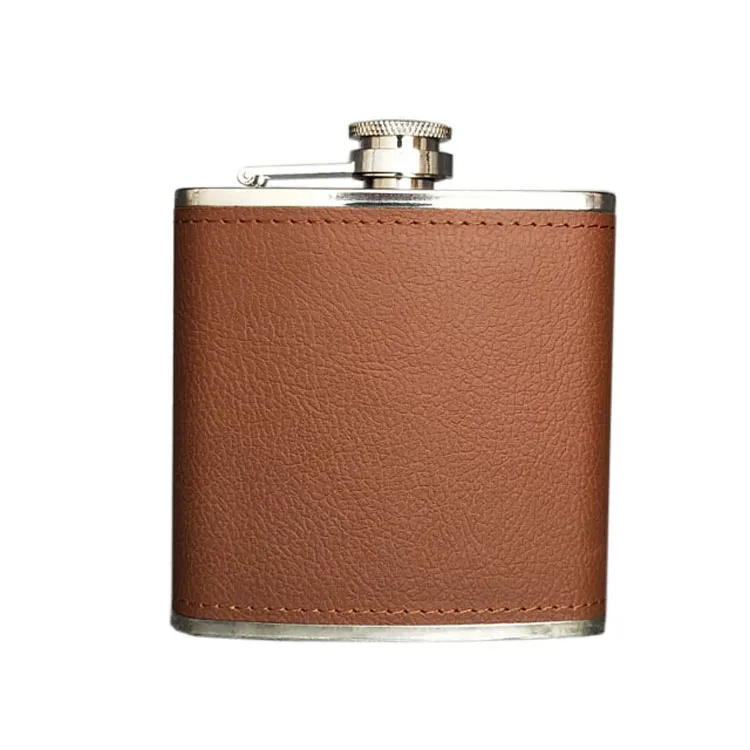 Custom Logo wholesale Luxury 6oz Brown stainless steel leather hip flask