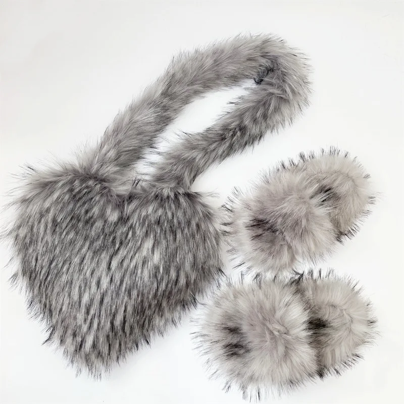 J&H wholesale fashion fur slippers women faux Raccoon fur bags Y2K ladies fashion matching shoes and bags set