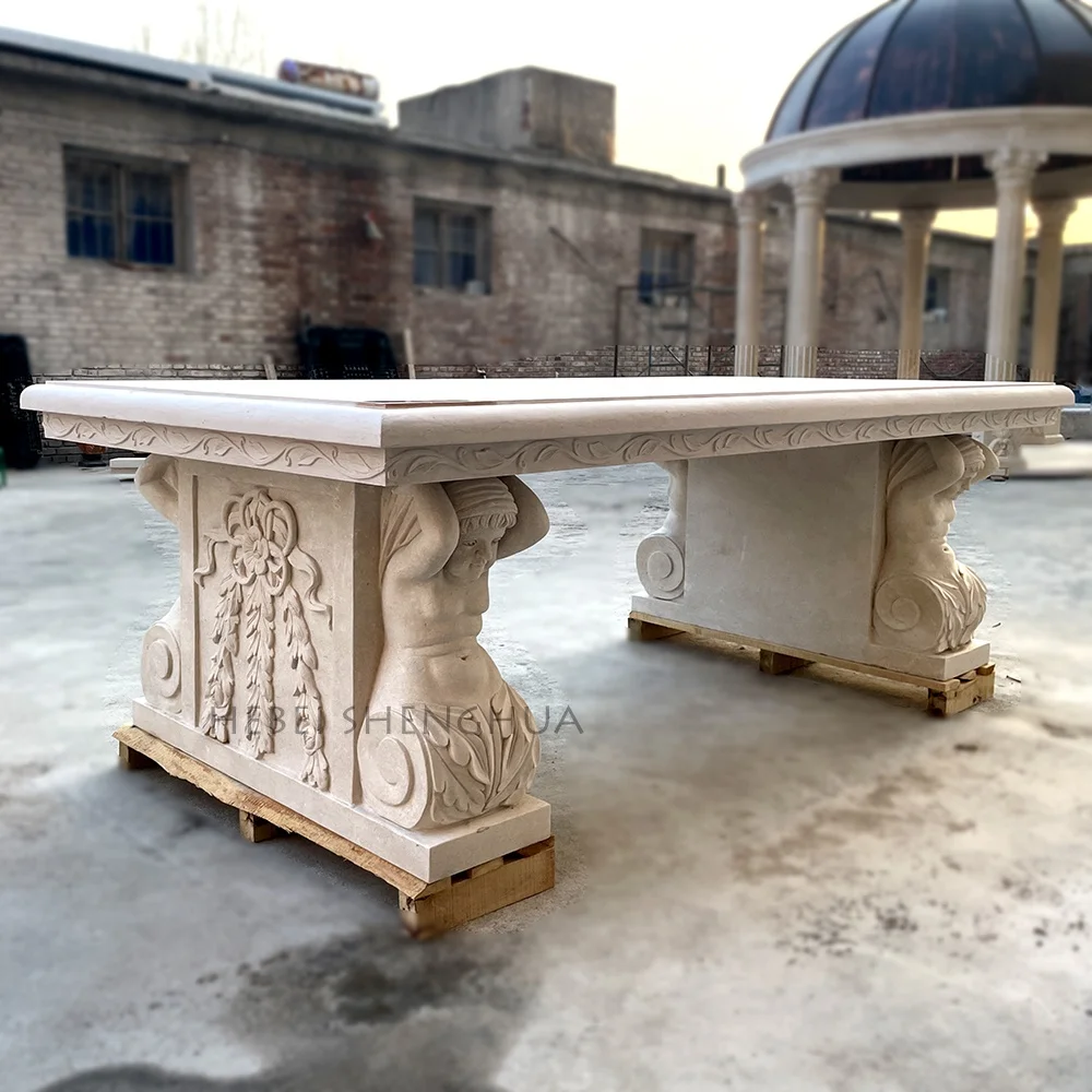Custom Luxury Outdoor Garden Large Size Marble Dining Table With Stone Statue