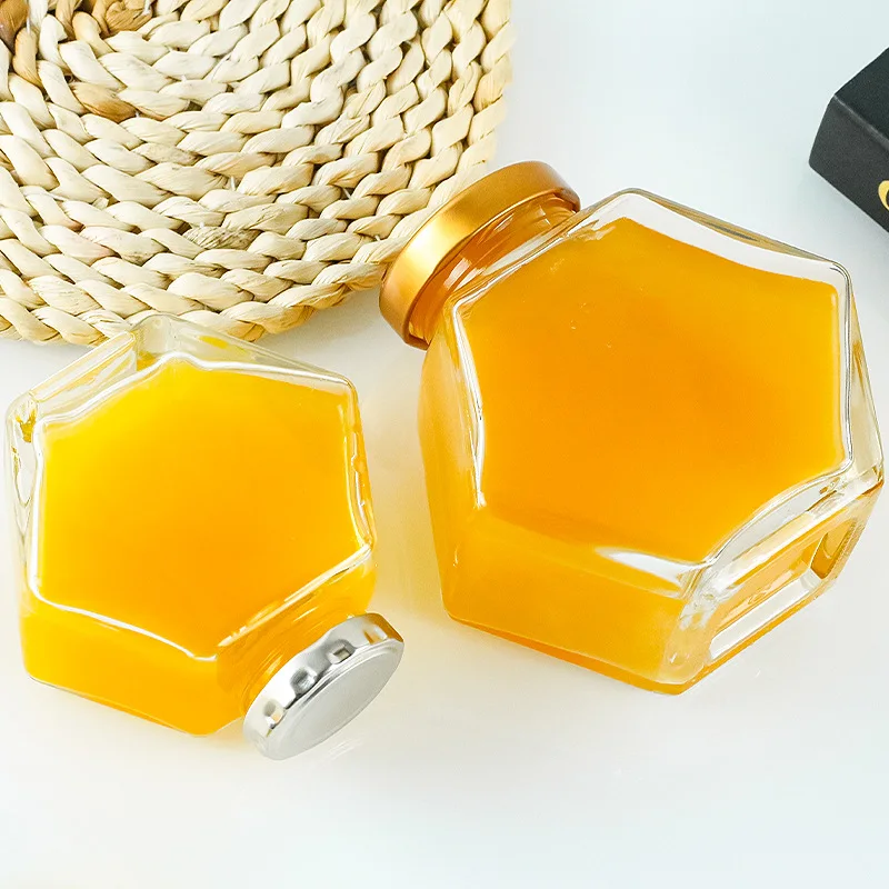 220ml 380ml honey jam food storage hexagonal honey glass jar jam jar with golden lid