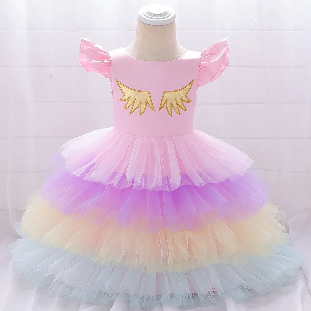 Girls Clothing 2022 hot sell colorful girl cake design party dress children Rainbow Princess children flower girl dress