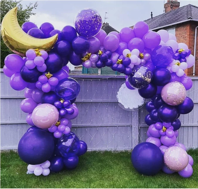 Purple Latex Balloon Garland Arch Kit with Moon Stat Eid Mubarak Foil Balloon for Eid Mubarak Muslim Party Garden Decor supplies