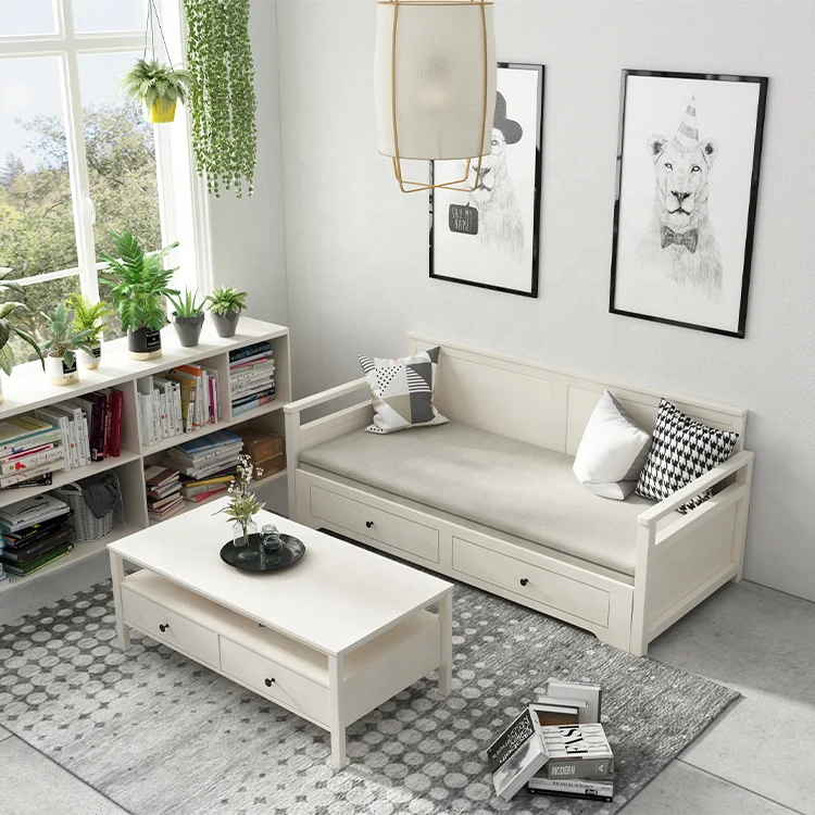 Modern design style solid wood living room furniture with fabric cover expandable wood sofa bed with drawer