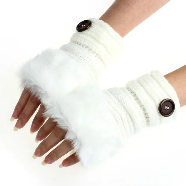 
CLIMATE Women Girl Gloves Warm Winter Faux Rabbit Fur Wrist Fingerless Gloves Mittens Female Wool Blend Knitted Crochet Gloves 