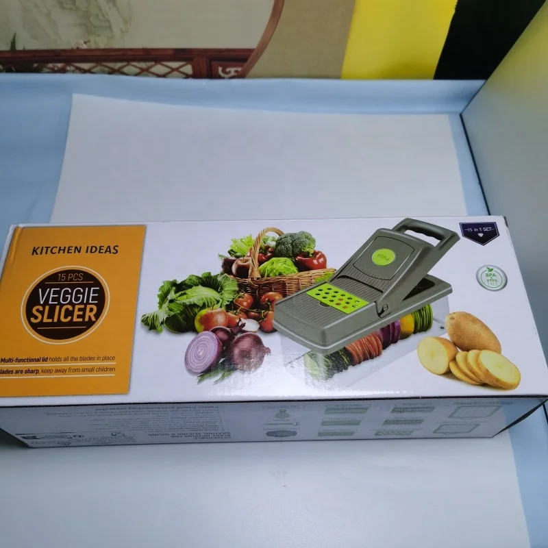 15 in 1 Stainless Steel Manual Fruit Vegetable Cutter Multi-functional Onion Dicer Slicer PP Mandoline with Boxed Packaging