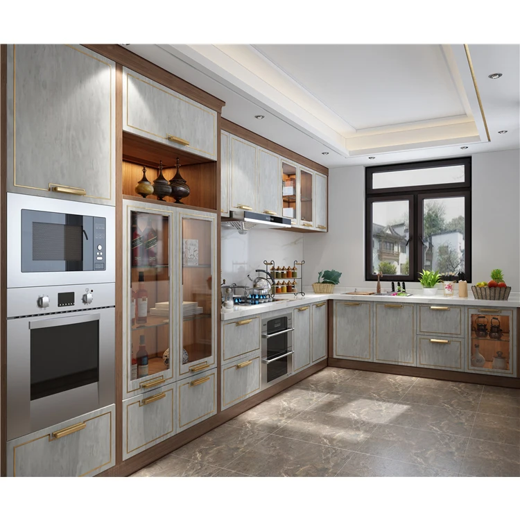Foshan modern gold door handle cupboard white shaker kitchen cabinet wood/lacquer/pvc ambry