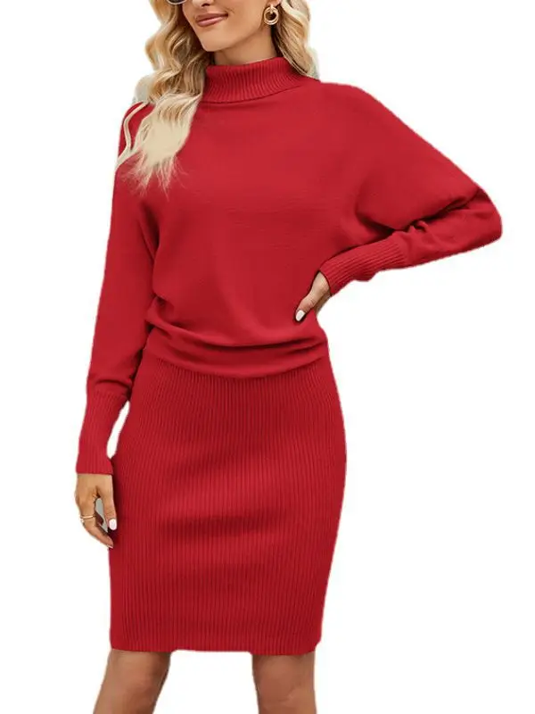 2024 New Elegant Solid Color Long Knitted Dress for Women European American Style High Neck Slim Sheath Sweater Dress Wholesale