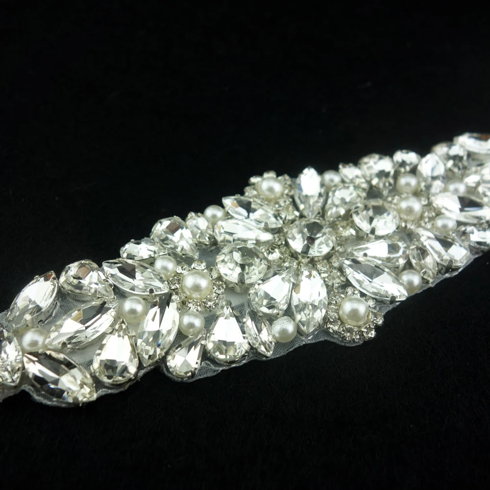 extra long stunning silver  rhinestone and pearl trim crystal bridal wedding belt