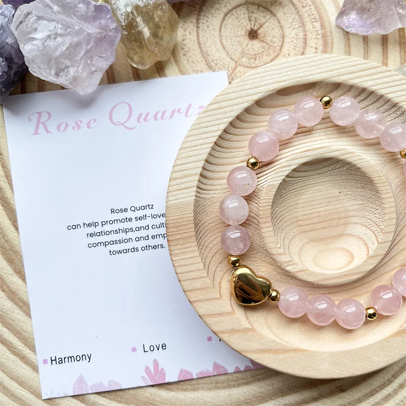 Bohemian Natural Stone Rose Quartz Stainless Steel Heart Charm Magic Love Attraction Bracelet For Sweet Girl