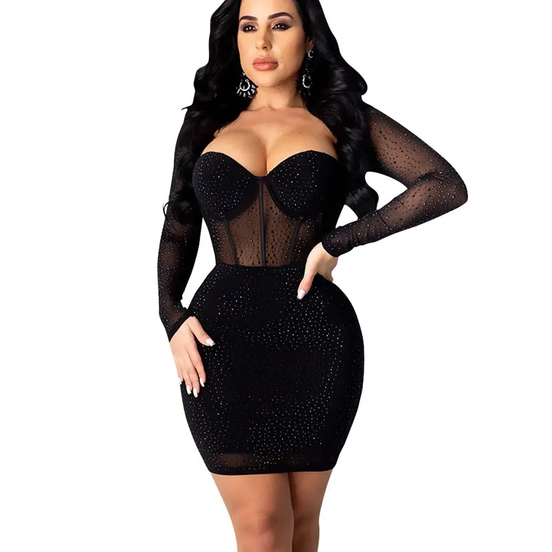 FS3379A Shiny See Through Party Dress Women Sexy Sequins Club Dresses