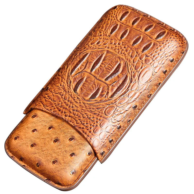 Прочный коричневый портативный дорожный Чехол для сигар из натуральной крокодиловой кожи с 3 пальцами, хьюмидор с страусиной текстурой