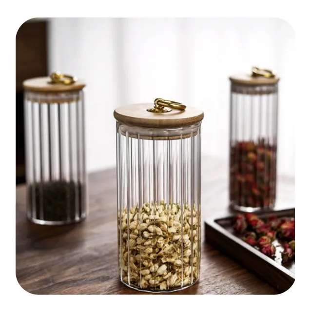 Wholesale Kitchen Borosilicate Glass Airtight Food Storage Container with Bamboo Wood Lid Round Clear Glass Jar Pantry Organizer