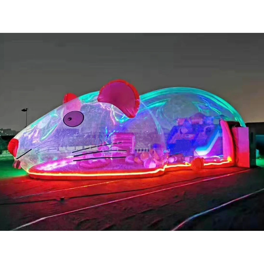 New design kids pink mouse inflatable fun park in clear bubble with LED light for outdoor or indoor use