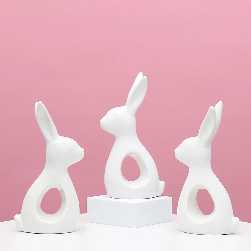 Nordic Decor White Ceramic Hares Figurines Crafts Easter Bunny Art Tabletop Decoration Ceramic Rabbits