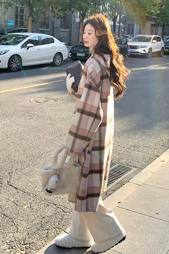 Droma Korean style casual pink plaid hooded double-sided women long wool coat winter trench coat for ladies