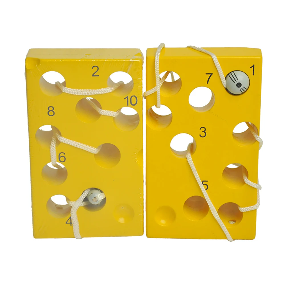 Montessori Wood Education A String Board Cheese Number Food Kitchen Toys Yellow Colour Wooden Threading Toys with Rope