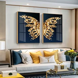 Modern Gold Butterfly Abstract Crystal Porcelain Painting Art Work With Aluminium Metal Framed For Living Room Decor