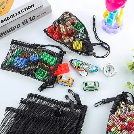Durable Nylon Mesh Drawstring Bag For Rinsing Beach Toys Collecting Mesh Bag With Clip & Cord Lock Closure Storage Bag