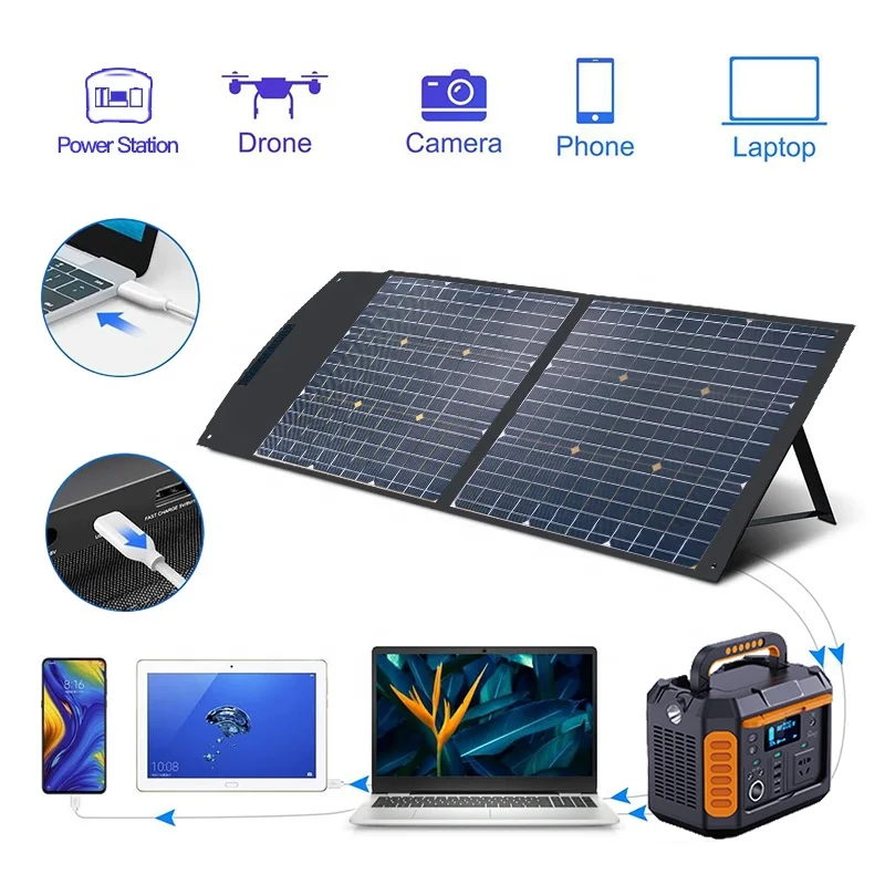 120W 3 Folds PET portable solar panel for Outdoor Camping Portable Power Station 300W 500W Black Color Cover
