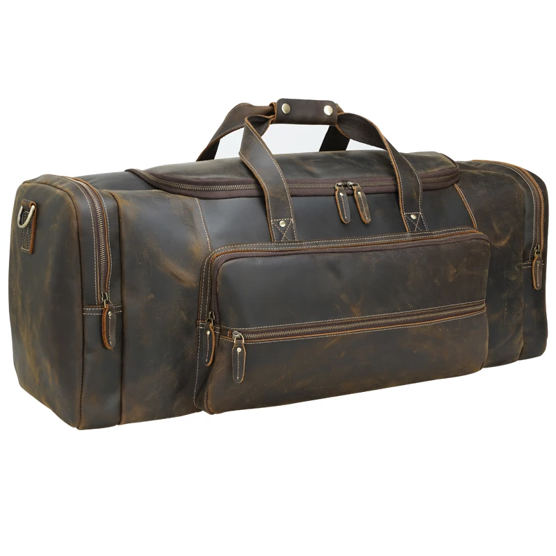 Large Volume Male Dark Brown Vintage Leather Duffle Weekend Travel Bag For Men With Full Grain Cowhide Crazy Horse Leather