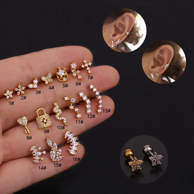 Fashion 16g Tiny Brass CZ Flower Crown Helix Rook Conch Tragus Piercing Screw Back Stainless Steel Cartilage Stud Earrings