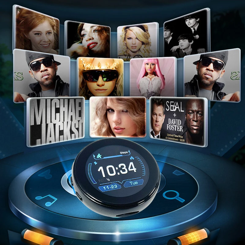 Aomago полностью сенсорный круглый экран шагомер FM-радио цифровой беспроводной MP3-плеер с функцией воспроизведения видео