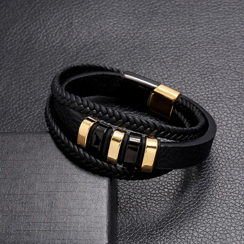 Handmade Simple Double Color Gold Plated Bracelet Magnetic Button Stainless Steel Leather Braided Bracelet for Men