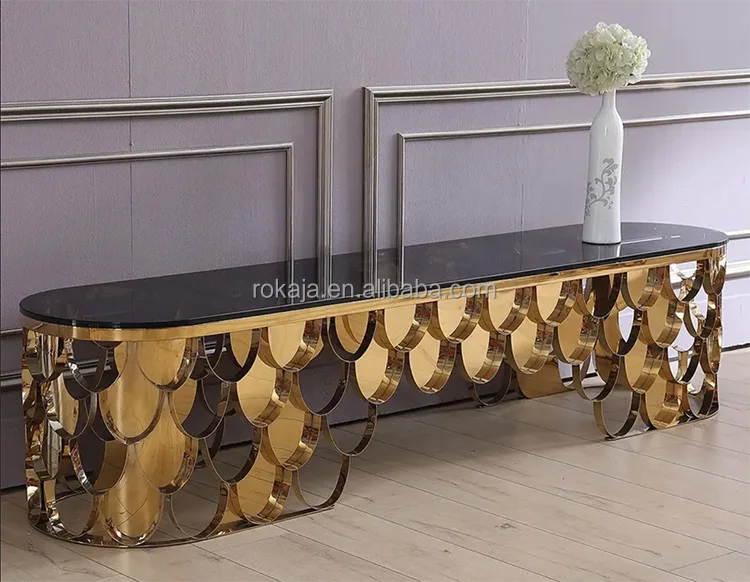 Luxury Wedding Dining Table Set Hotel Event 8 10 People Oval Shape Fish Scales Gold Stainless Steel Manger Mirror Buffet Table