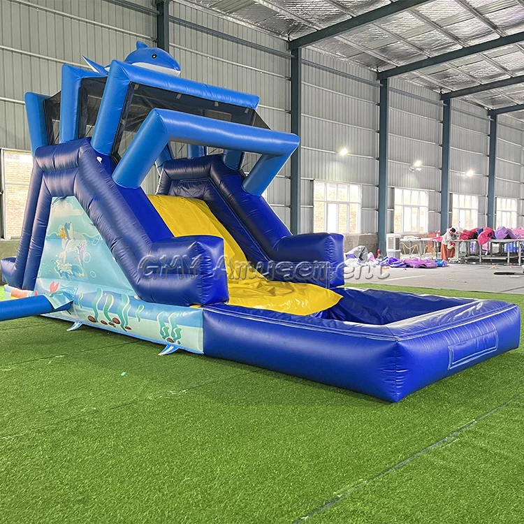 Inflatable pvc  Dolphins Ocean Theme Inflatable Wet/dry Slide For Sale