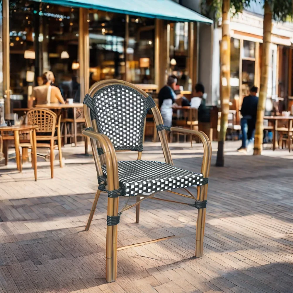French Bistro Bamboo Rattan Chairs All-Weather Outdoor Restaurant Dining Set with Aluminum Frame Metal Material