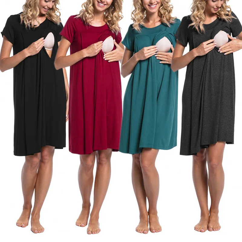Wholesale Women Nursing/Delivery/Labor/Hospital Nightdress Short Sleeve Maternity Nightgown with Button