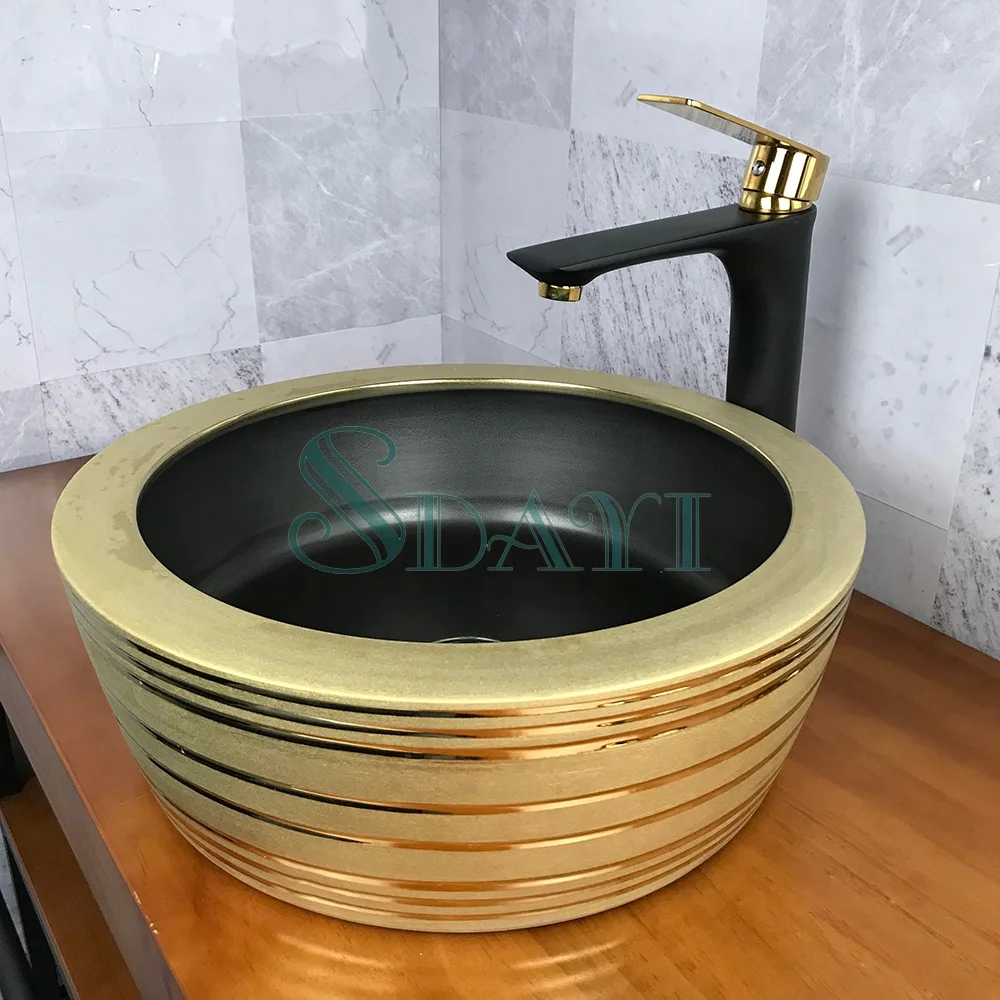 SDAYI Vintage Luxury Royal Deck Basin Bathroom Ceramic Golden Sink Counter Table Mounted Round Art Hand Made Wash Basin