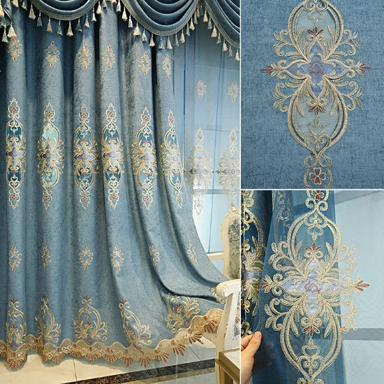 Bedroom Living Room Ready Made Cortinas Para Salas Valance Luxury Chenille Decoration Black Out Embroidered Curtain
