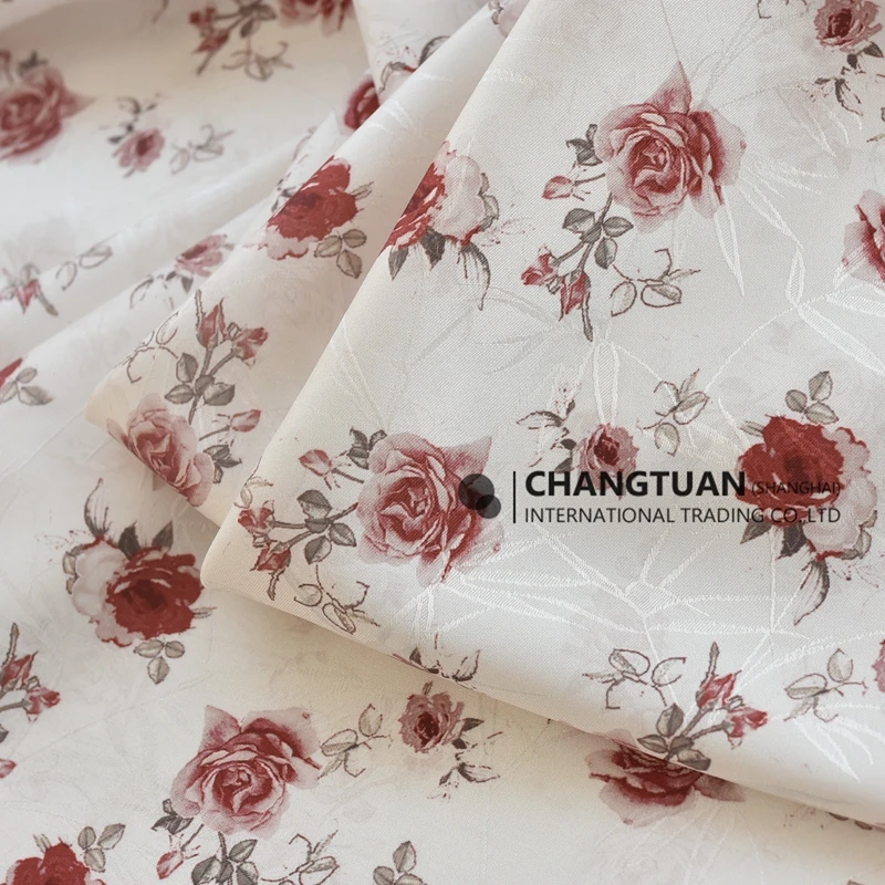 New Arrival Shimmer Jacquard Fabric Rose Print Polyester Fabric For Dresses Vintage Floral Print Fabric Dress Material