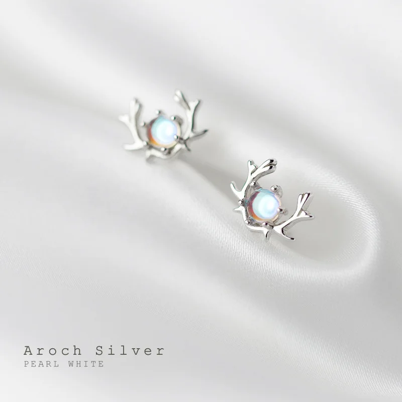 Fine Jewelry Christmas Elk Pattern Synthetic Moonstone Small Antlers 925 Silver Stud Earrings For Women