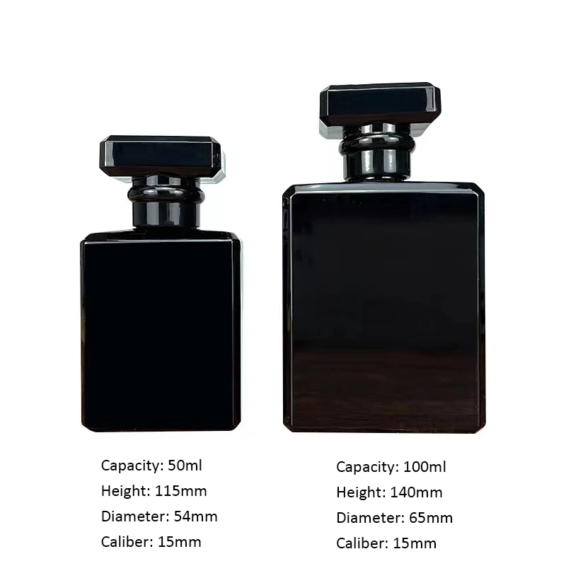 Empty 50ml 100ml Square Black Glass Perfume Bottle Packaging with Crimp Seal Cap