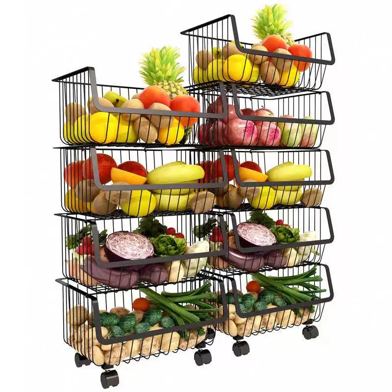 Standing Type Stackable Metal Wire Fruit Vegetable Food Storage Bin Basket For Kitchen