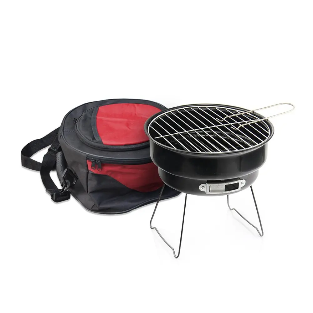 Black Portable Charcoal Barbeque Mini Grill with Cylinder Cooler Bag Perfect for Camping or Outdoor Cooking and Tailgating