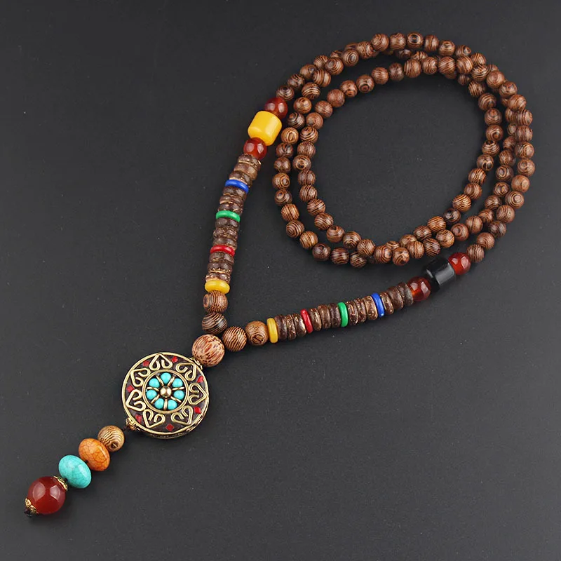 PUSHI nepal Vintage Ancient Natural Stone pendant geometrical wooden beads necklace jewelry bohemian long necklaces