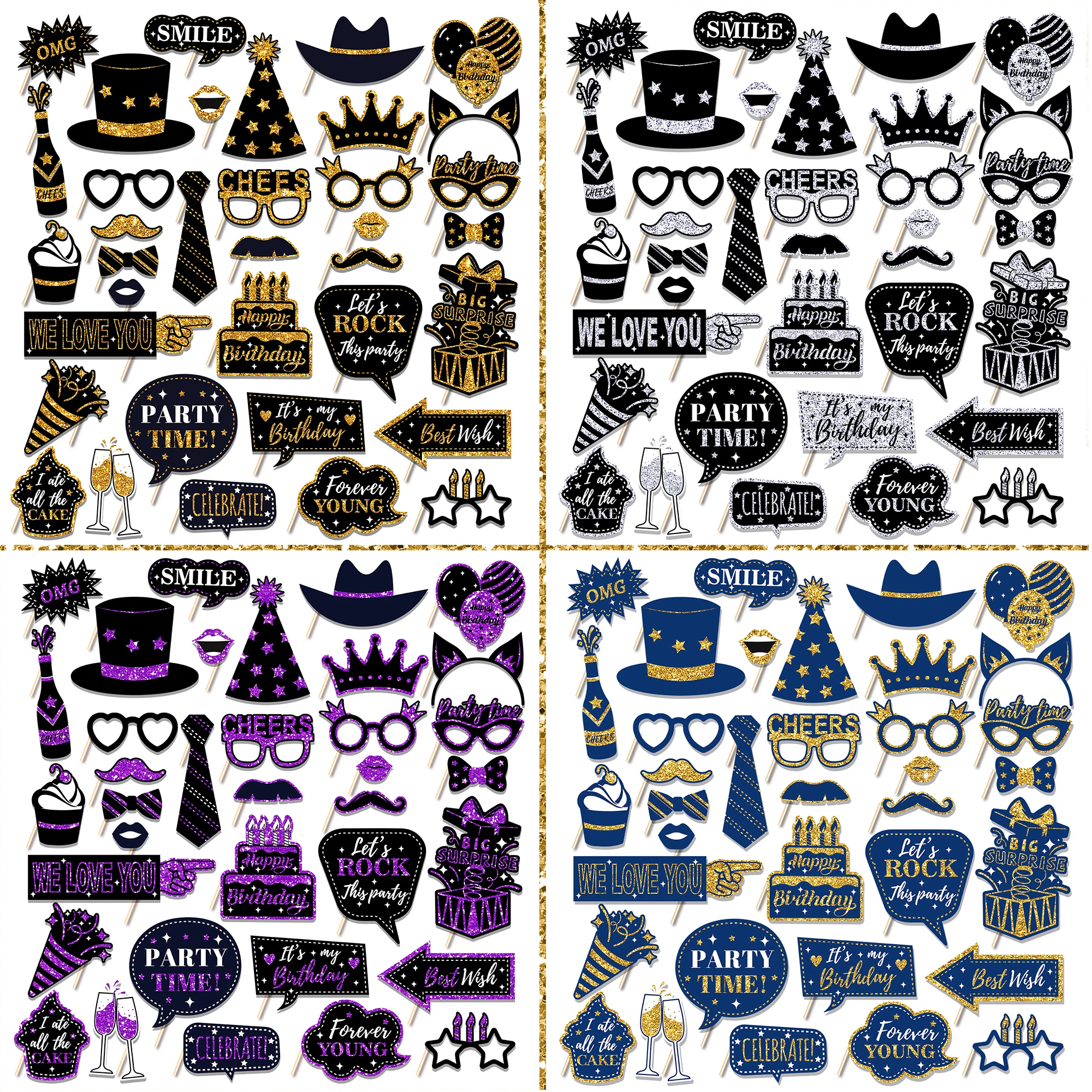 PZ307 Happy Birthday Photo Props Decoration Four Colors 36pcs Photo Booth Props for Kids Birthday Party Supplies