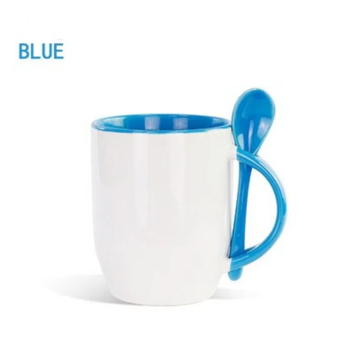 11oz Outside Blank Sublimation Ceramic Mug with Spoon 330ml Thermal Sublimation Mug with Spoon Heat Transfer Printing Mug