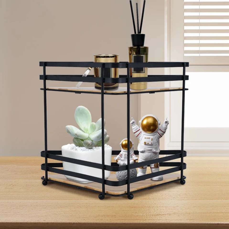 Manufacturer Bamboo Metal 2 Layers Kitchen Corner Rack Bathroom Storage Shelf For Countertop